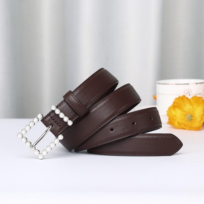 2.4Cm Wide Leather First Layer Cowhide Belt Women'S Versatile Pearl Button Head Fashion Trend Casual Pants Belt Women'S