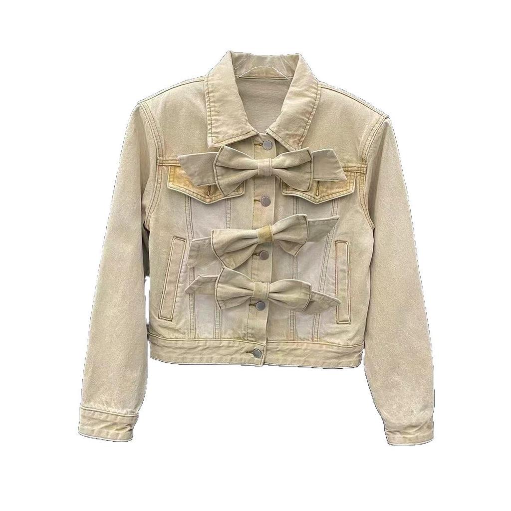 Niche Women's Spring Bowknot Distressed Denim Suit: Heavy Duty Short Jacket + Wide Leg Pants