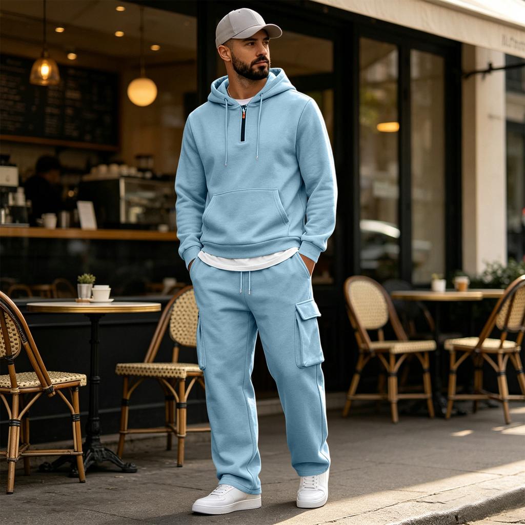 Men's Warm Lined Hooded Sweatshirt and Wide Leg Cargo Pants Set, Relaxed Fit Casual Outdoor Activewear