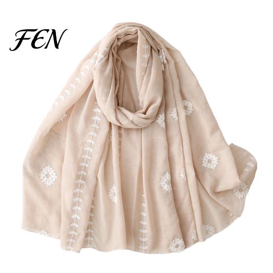 Bohemian Travel Accessory Solid Color Embroidered Shawl for Women, Lightweight Soft Gauze Scarf with Floral Vine Texture, 180x90cm Breathable