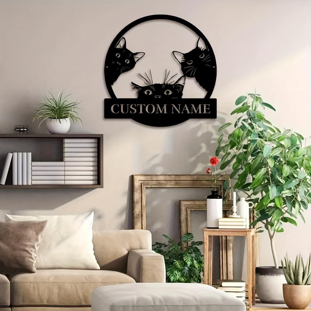 Custom Black Cat Trio Metal Wall Art, Personalized Names Sign, Rustic Home Decor for Veranda Yard, Gift