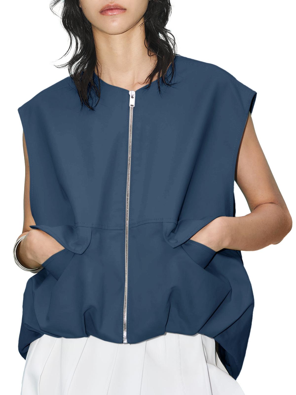 

Women s Sleeveless Zip Front Vest with Button Pocket Olive Green Casual Outerwear XXL темно-синього кольору