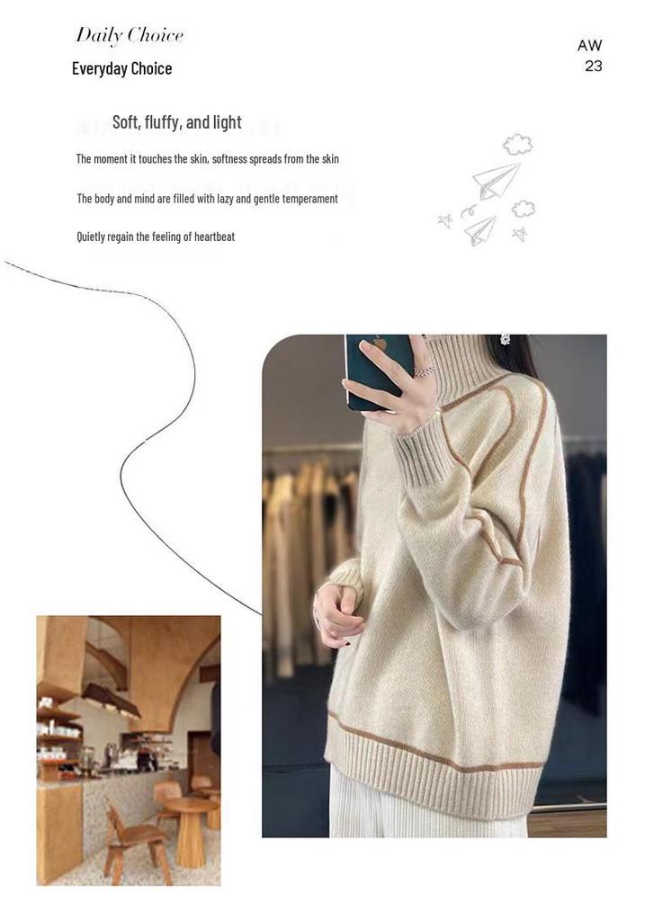 Women's Color Block High Neck Wool Sweater - Thickened Loose Knit Pullover for Autumn & Winter.