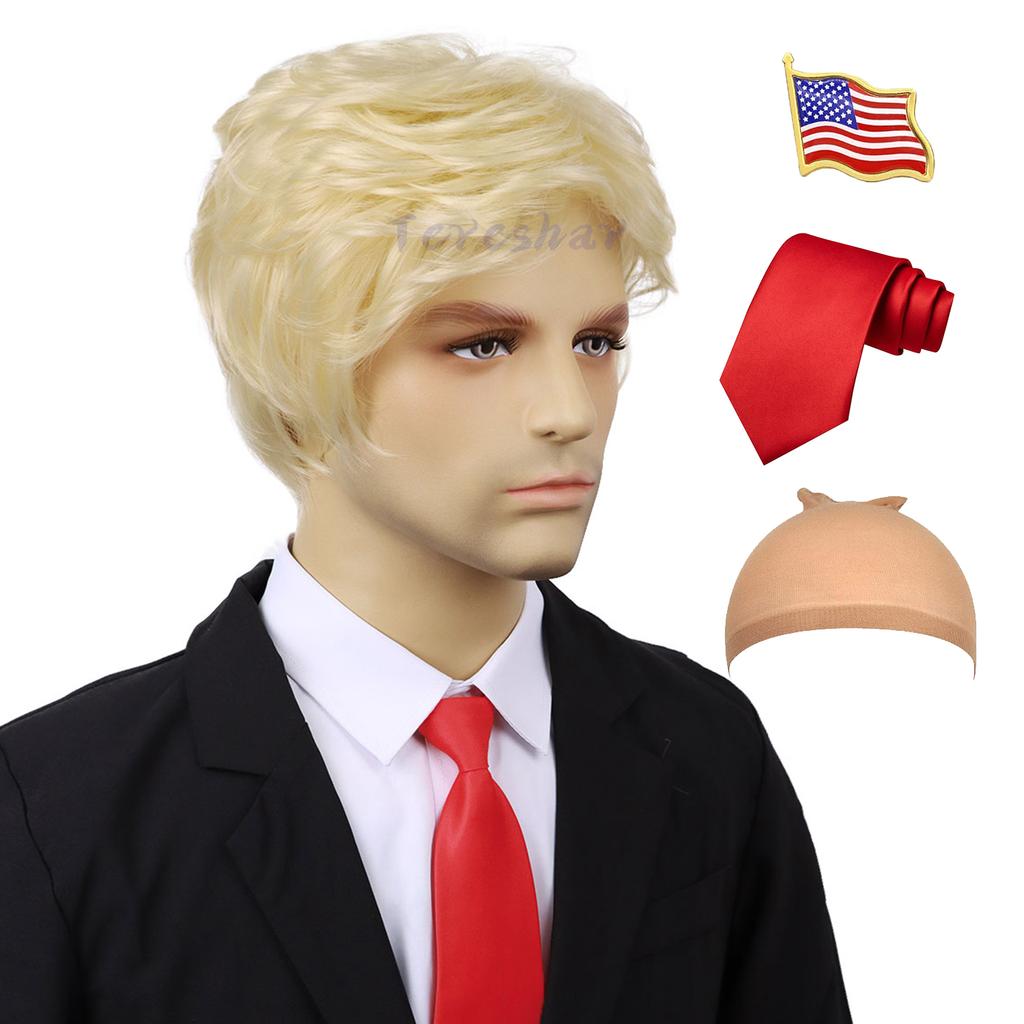 Peluca Rubia Sintética para Disfraz de Hombre, Corte Pixie en Capas Resistente al Calor, Pelucas de Personajes Famosos para Cosplay, Gorra de Béisbol Roja