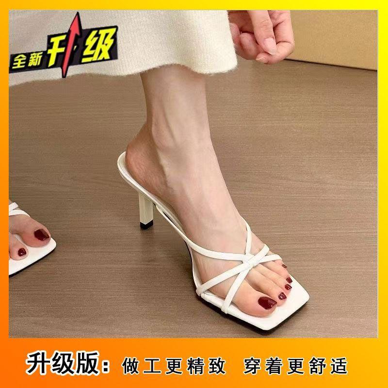 New Square Head Korean Version of Fashion 2025 Cross-strap One-word Sandals Women's Versatile Slippers Open-toed High Heels Tide