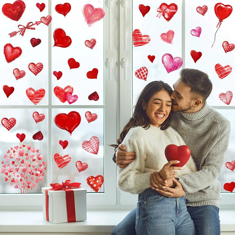 9Pcs 20X30Cm Valentine'S Day Window Stickers Cute Watercolor Red Heart Pattern Electrostatic Sticker Wedding Party Home Decor