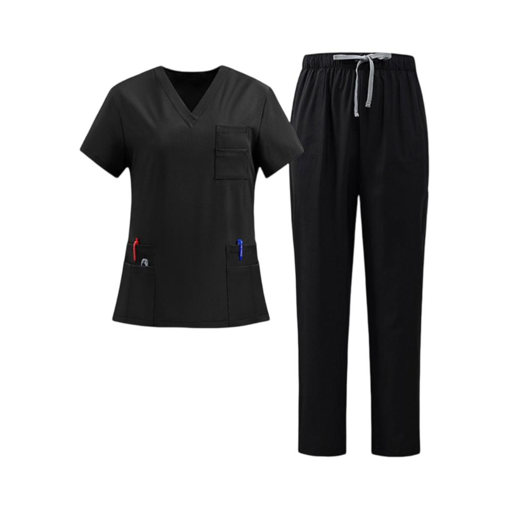 Women Nurse Scrub Set Quick Dry Fabric V Neck Short Sleeve Top with Pockets and Elastic Waist Drawstring Pants Medical Uniform