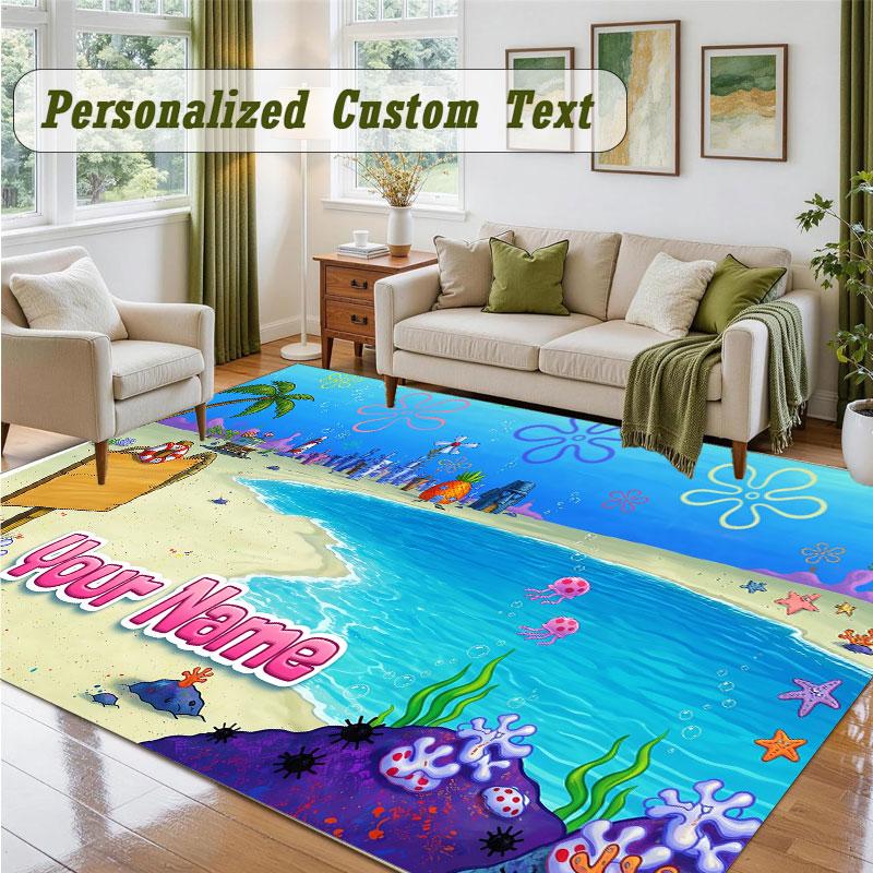 Crystal Velvet Square Rug Custom NameSpongeBob Pattern Non Slip Home Floor Decor Rug