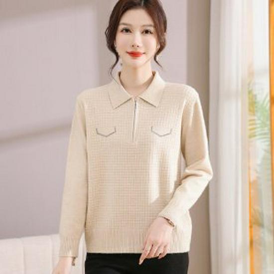 

Mom s Chic Long-Sleeved Knit Top: Autumn/Spring Base Layer for Middle-Aged Women 2XL бежевий