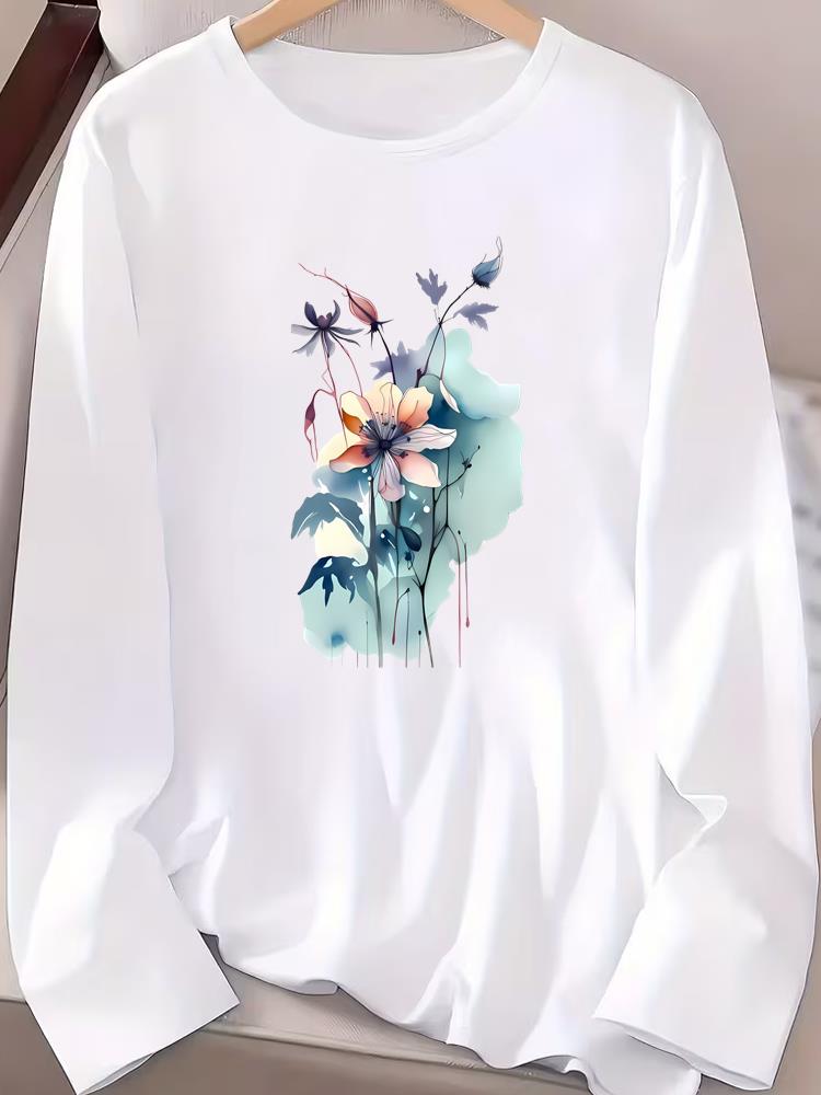 

(Asian Size) feather trend vintage Fashion Print T Shirt autumn winter spring Casual Tee Women Clothing Top o-neck Graphic Long Sleeve T-shirts S