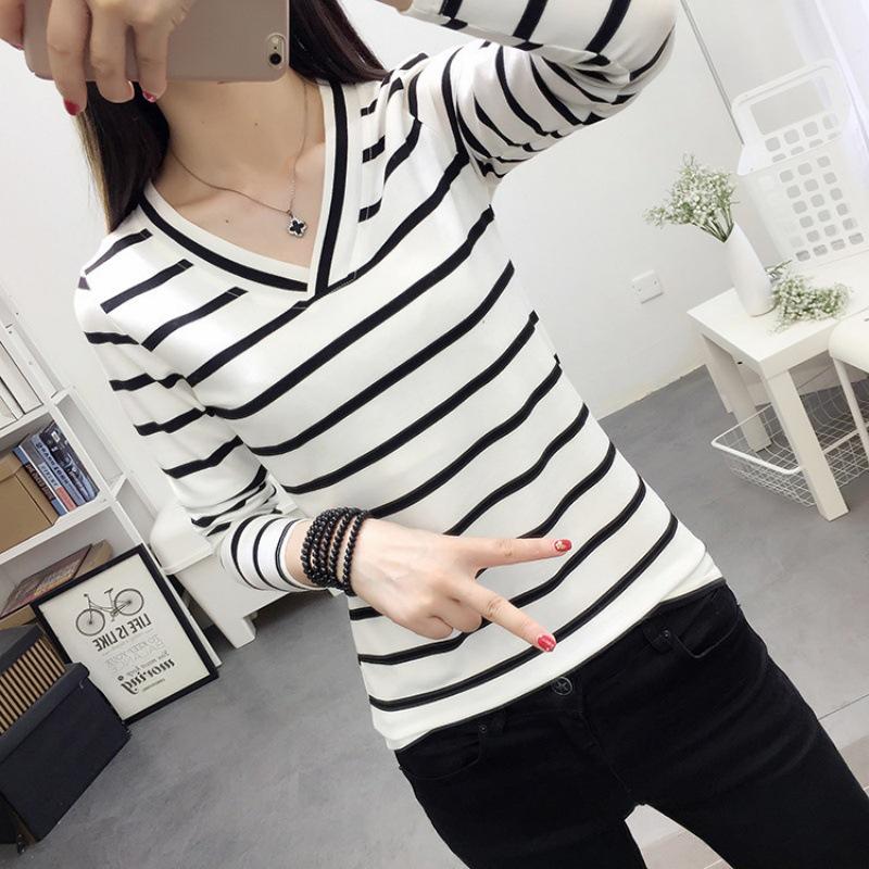 2025 Korean V-Neck Striped Slimming Long Sleeve Women's T-Shirt - Spring/Autumn