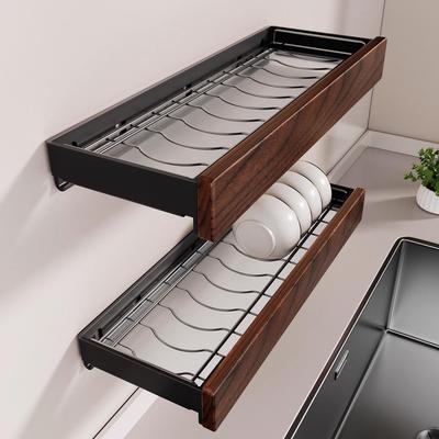Walnut Wood Wall-Mount Dish Rack for Kitchen – No-Punch Bowl & Plate Storage Shelf