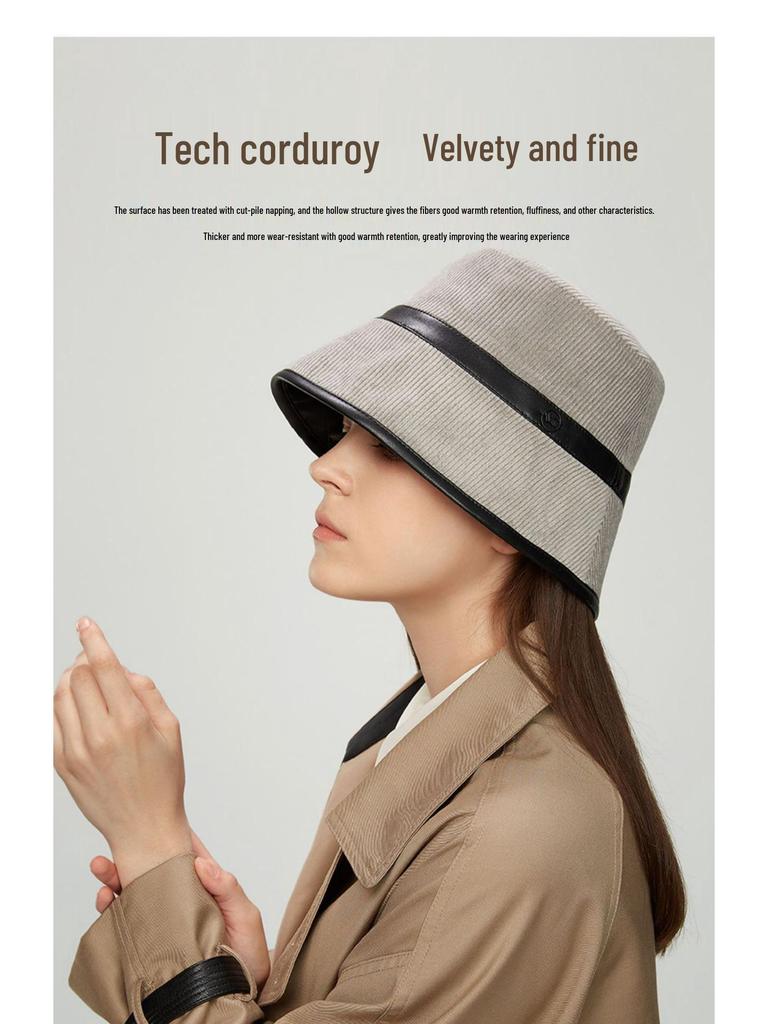 VVC Double-Sided European Style Women's Bucket Hat - Autumn/Winter Knit with PU Leather & Corduroy