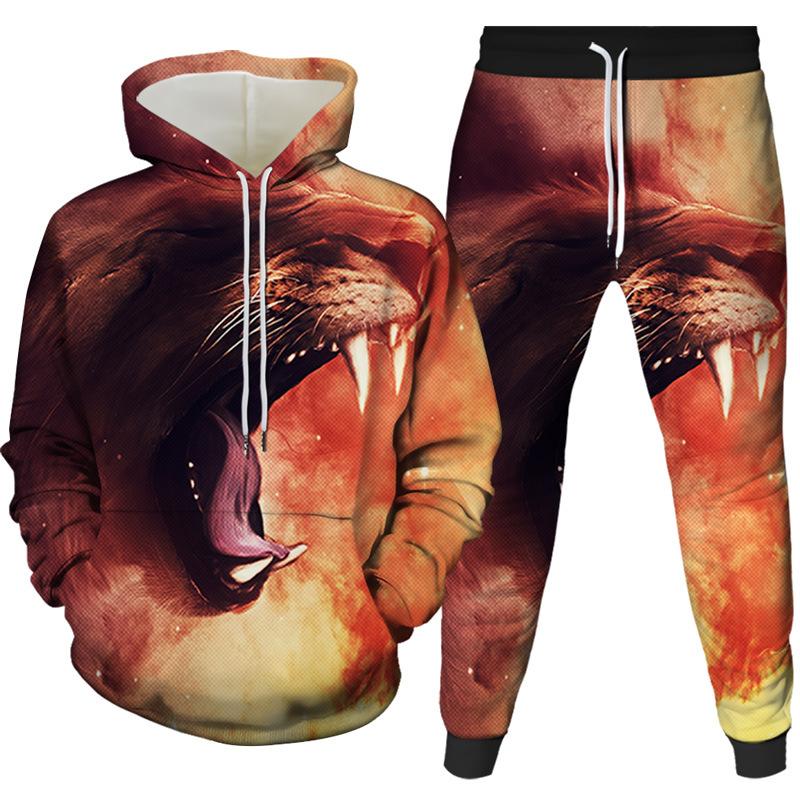 2022 foreign trade new 3d creative lion digital printing printing men's and women's hooded pullover casual sweater two-piece set