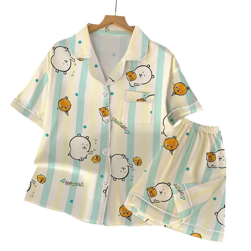 Little Fresh Self-Deprecating Bear Pajamas Women'S Summer Sweet Cartoon Striped Short-Sleeved Ice Silk Loungewear Suit