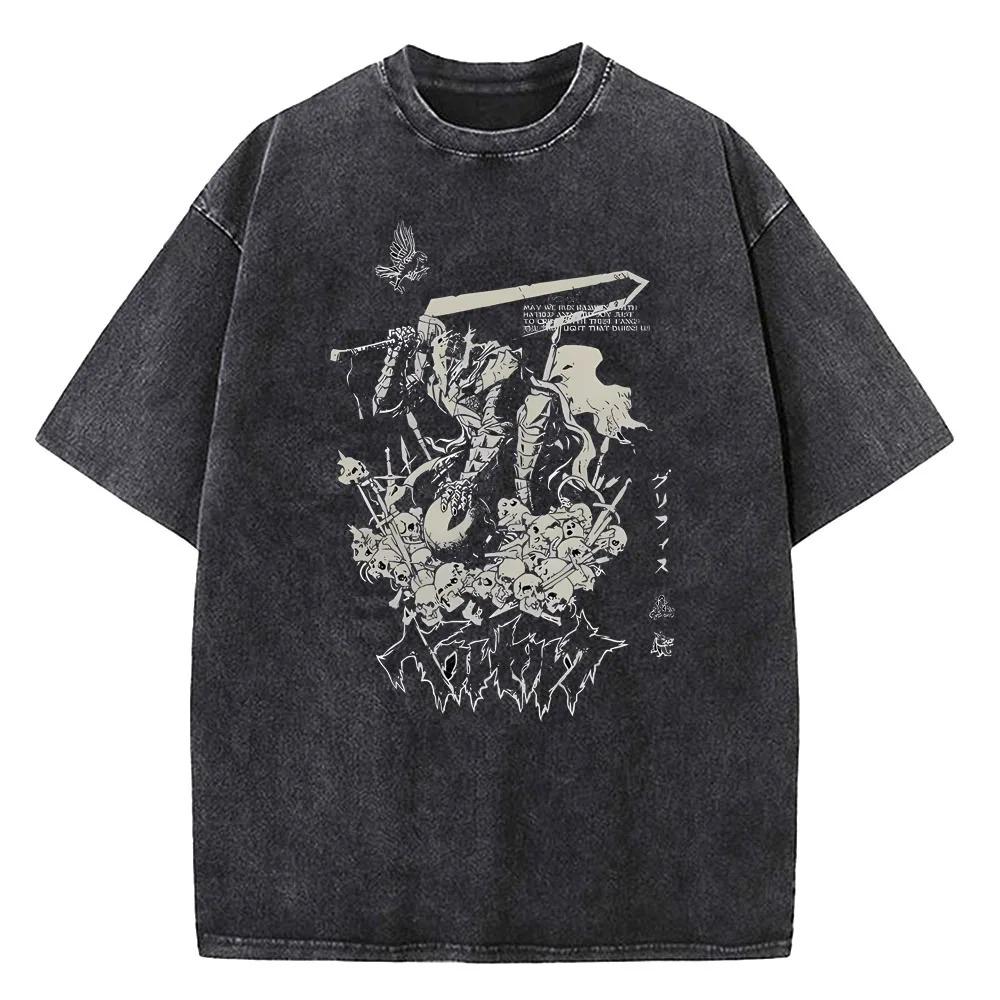 2026 Anime Berserk Guts Graphic Printed Tee Men Women Vintage Washed Casual Tshirts High Quality Cotton T Shirt Harajuku Male T-shirt