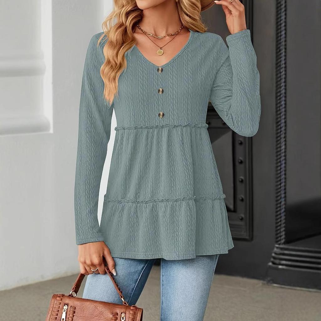V-neck Long Sleeve Solid Color Patchwork T-shirt for Autumn/Winter 2025