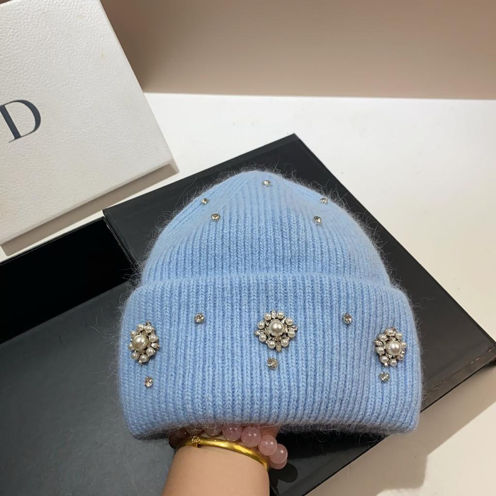 Palace Rhinestone Rabbit Fur Knitted Hat Princess Sweet Celebrity Xiaoxiangfeng Warm Ear Protection Wool Hat