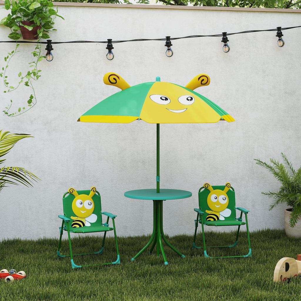 Garden Furniture Set for Children, Chairs, Table, Parasol, Bee Design, Green+Yellow
