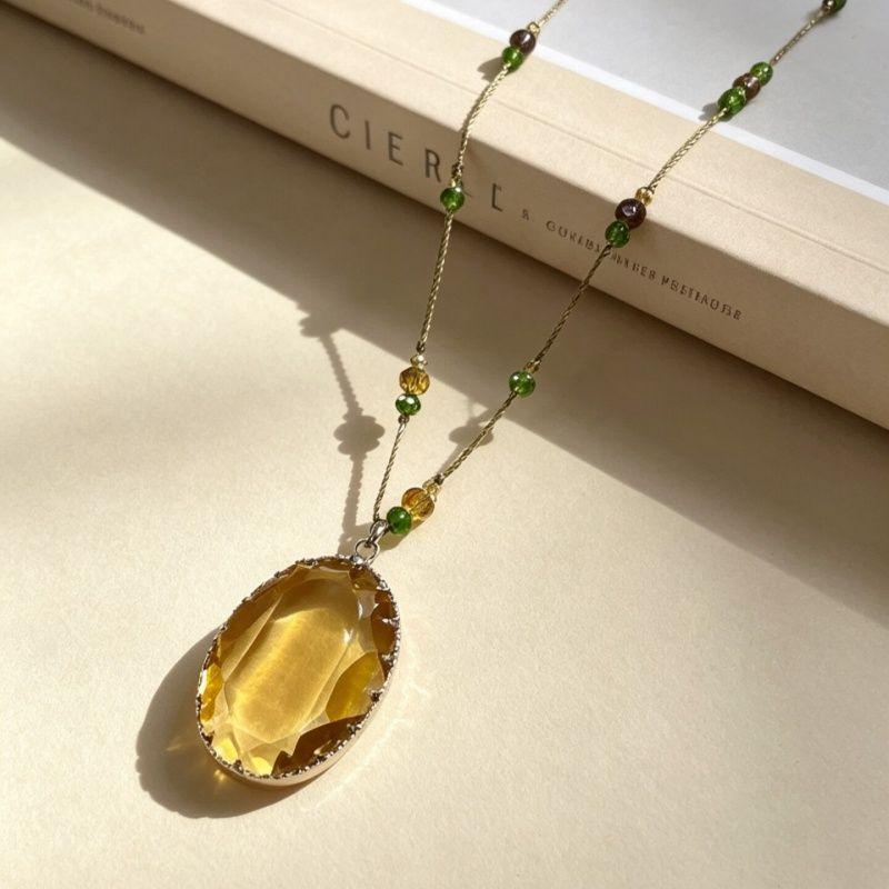 Statement Big Oval Long Pendant Necklace For Women Creative Green Champagne Color Sweater Chain