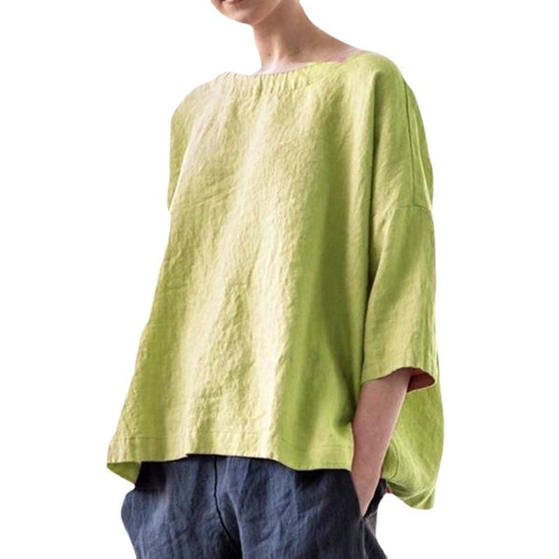 Round Neck Cotton and Linen Loose Top, Versatile and Versatile Cover Up, Women's Top