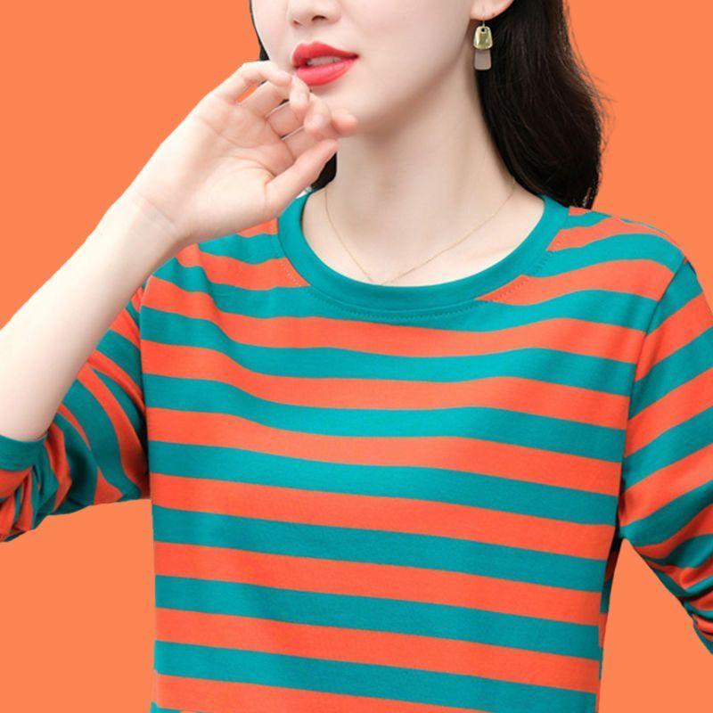 Breathable Cotton Long Sleeve Tshirt Women Loose Fit Simple Striped Casual Top Autumn