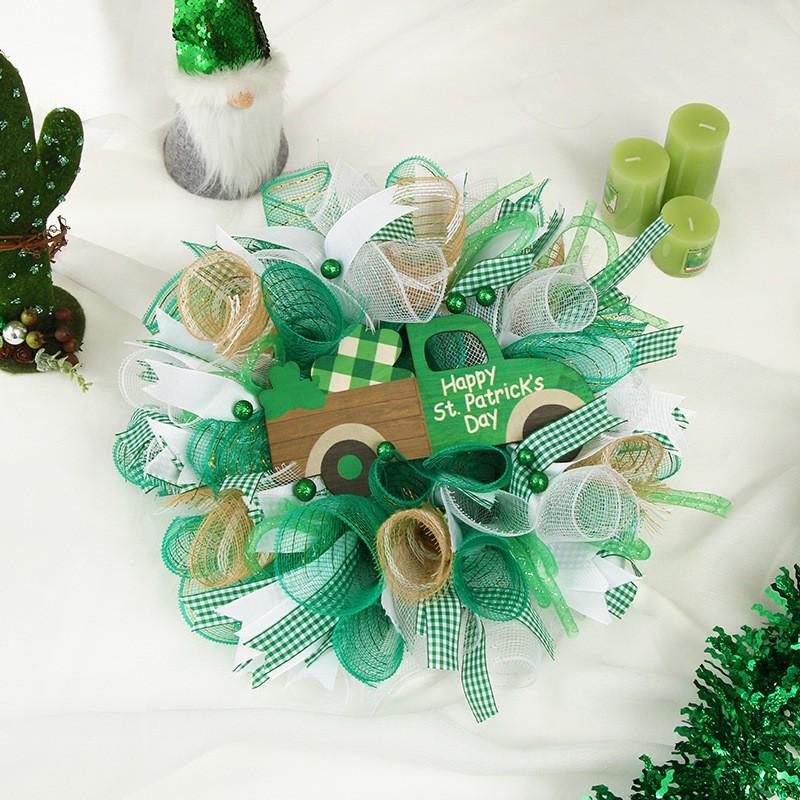 St. Patricks Day Clover Wreath Shamrock Silk Ribbon Decor Home Outdoor