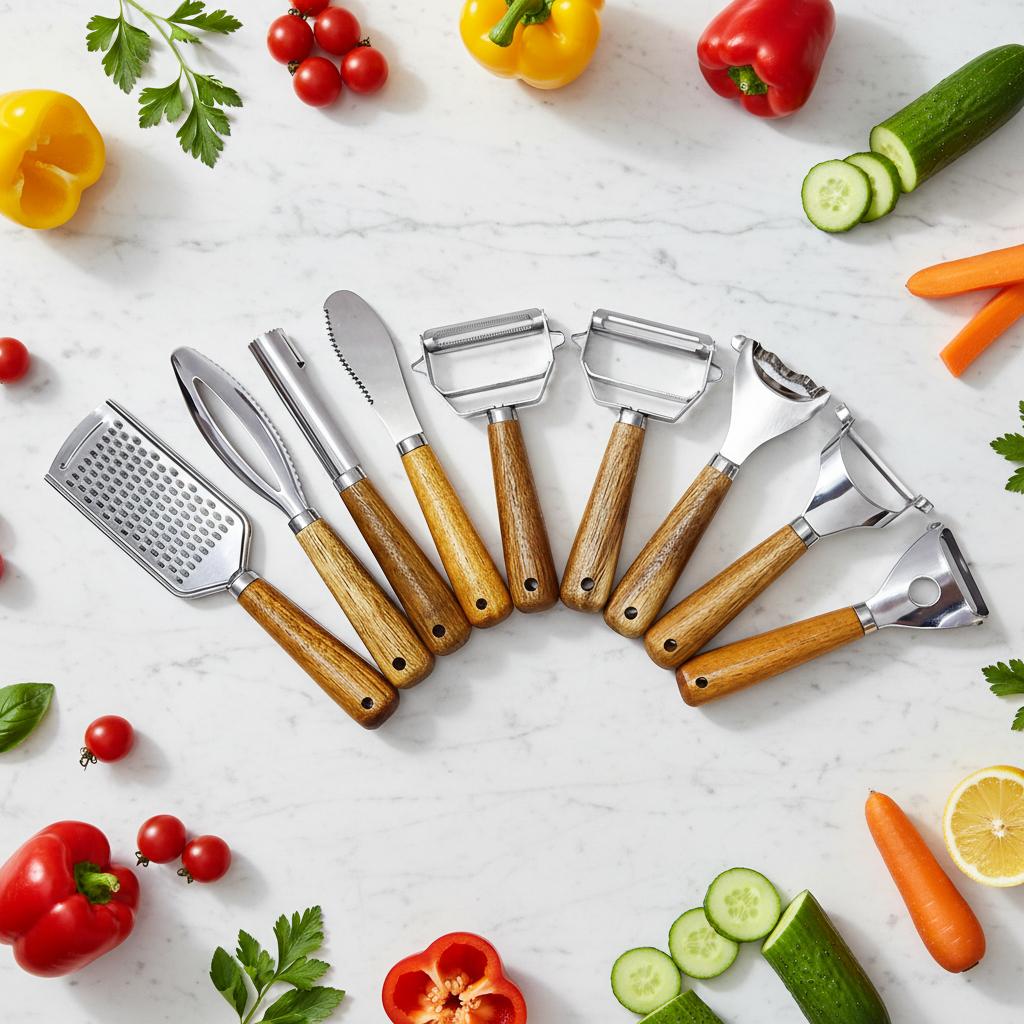 Manual Stainless Steel Kitchen Gadgets Set Wooden Handle Includes Ginger Grater Garlic Zester Peeler-Dishwasher Safe