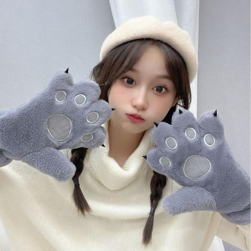 Cute Cartoon Bear Claw Plush Gloves Women's Winter Warm Plush Thickened Outdoor Riding Full Finger Cat Claw Gloves