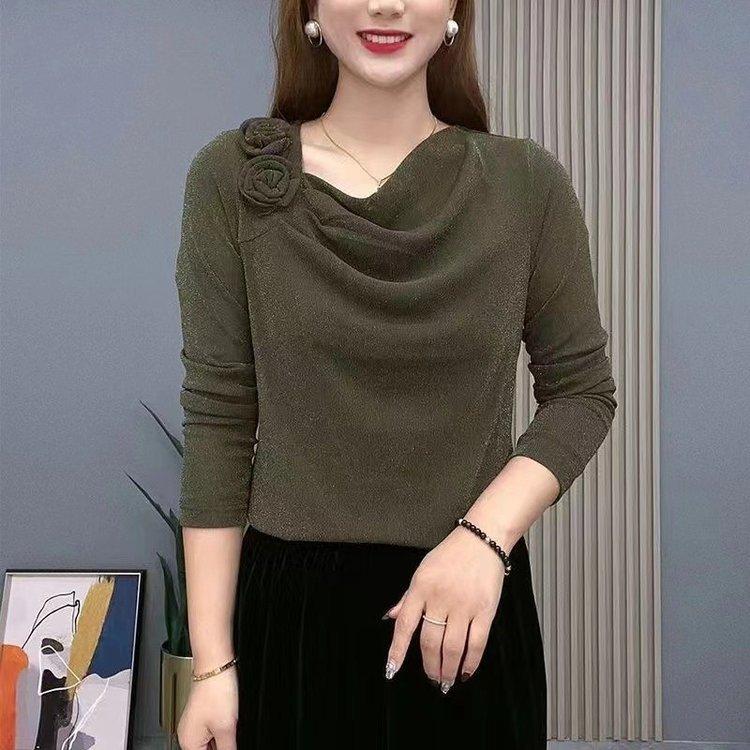 

Женская весенняя мода с завязками и цветами, однотонный воротник-таблетка, длинный рукав, пуловер, рюши, яркий шелк, свободные футболки, верхние части XXL