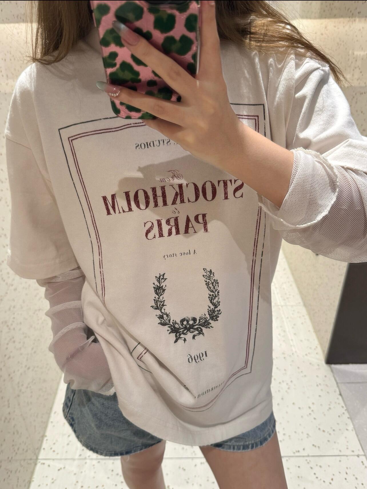 

Ac* Brand 25 Letter Print Mesh Layered Round Neck Loose Women s Long Tee Medium кремовый/белый