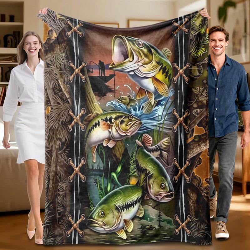 

1 piece fishing theme brown and green flannel blanket, soft, suitable for sofa, bed, office, all-season use. 70x100cm