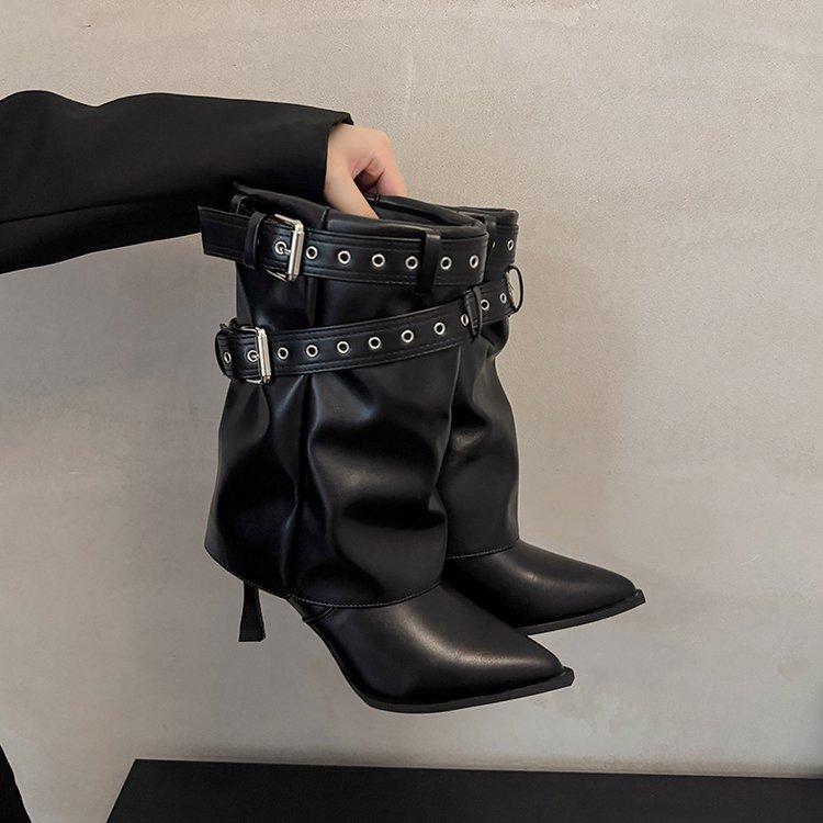 Retro thick heel medium boots women's 2025 new autumn versatile pointed western cowboy boots belt buckle trouser boots