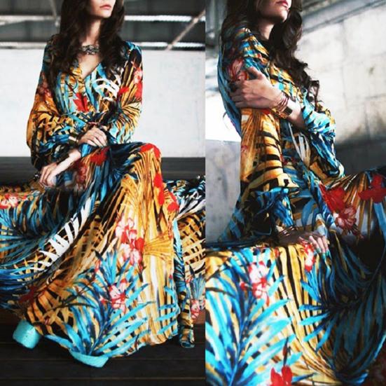 Übergröße Böhmisches Strand Damen Blätterdruck V-Ausschnitt Lange Laternenärmel Maxi-Kleid