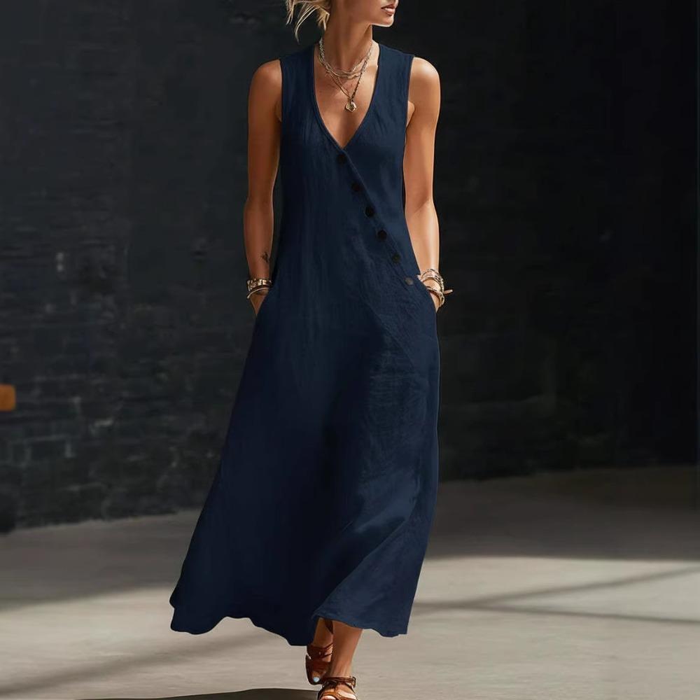 Frühling und Sommer TikTok Europäischer und Amerikanischer fauler Stil V-Ausschnitt Knöpfe Baumwolle und Leinen Langes Kleid Ärmelloses Weste Kleid Langes Kleid