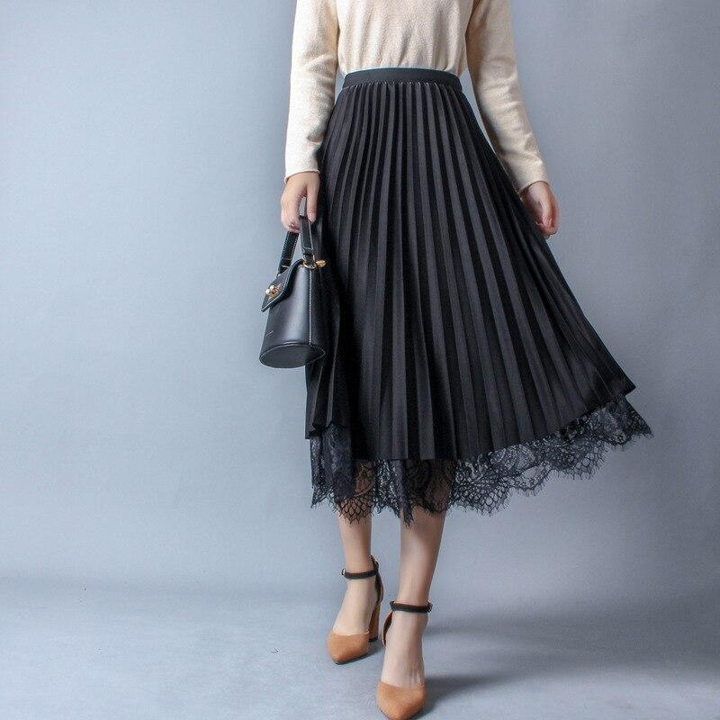 Fusta de vară cu talie înaltă din dantelă pentru femei, la modă, de culoare solidă, pe ambele părți, poartă fuste pentru femei, ocazional elegant, plisat, fustă lungă pentru damă 24936