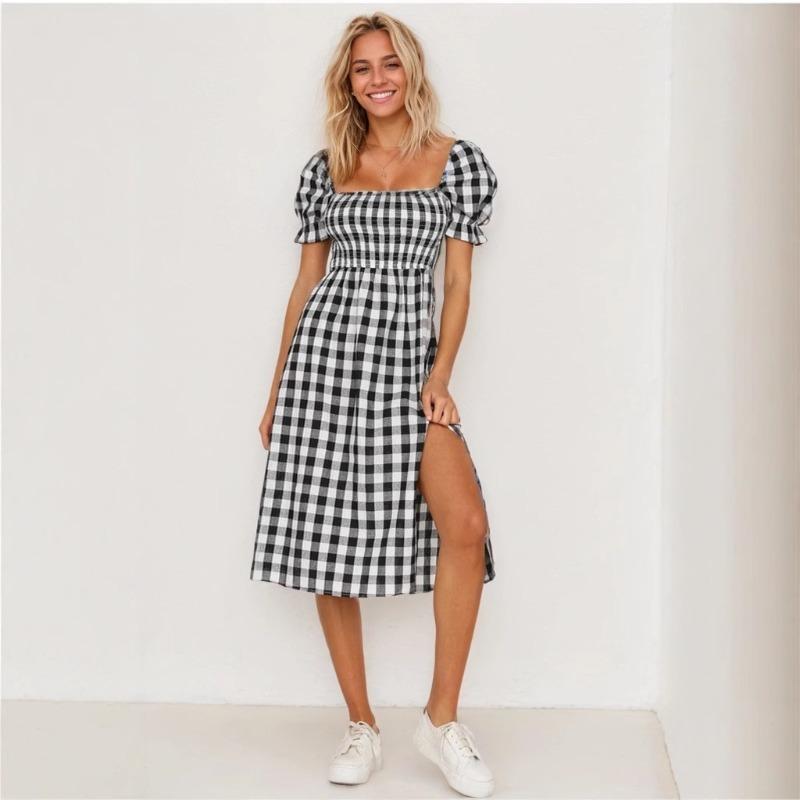 Women's Spring Summer Sexy Slit Square Collar Plaid Short-sleeved Dress