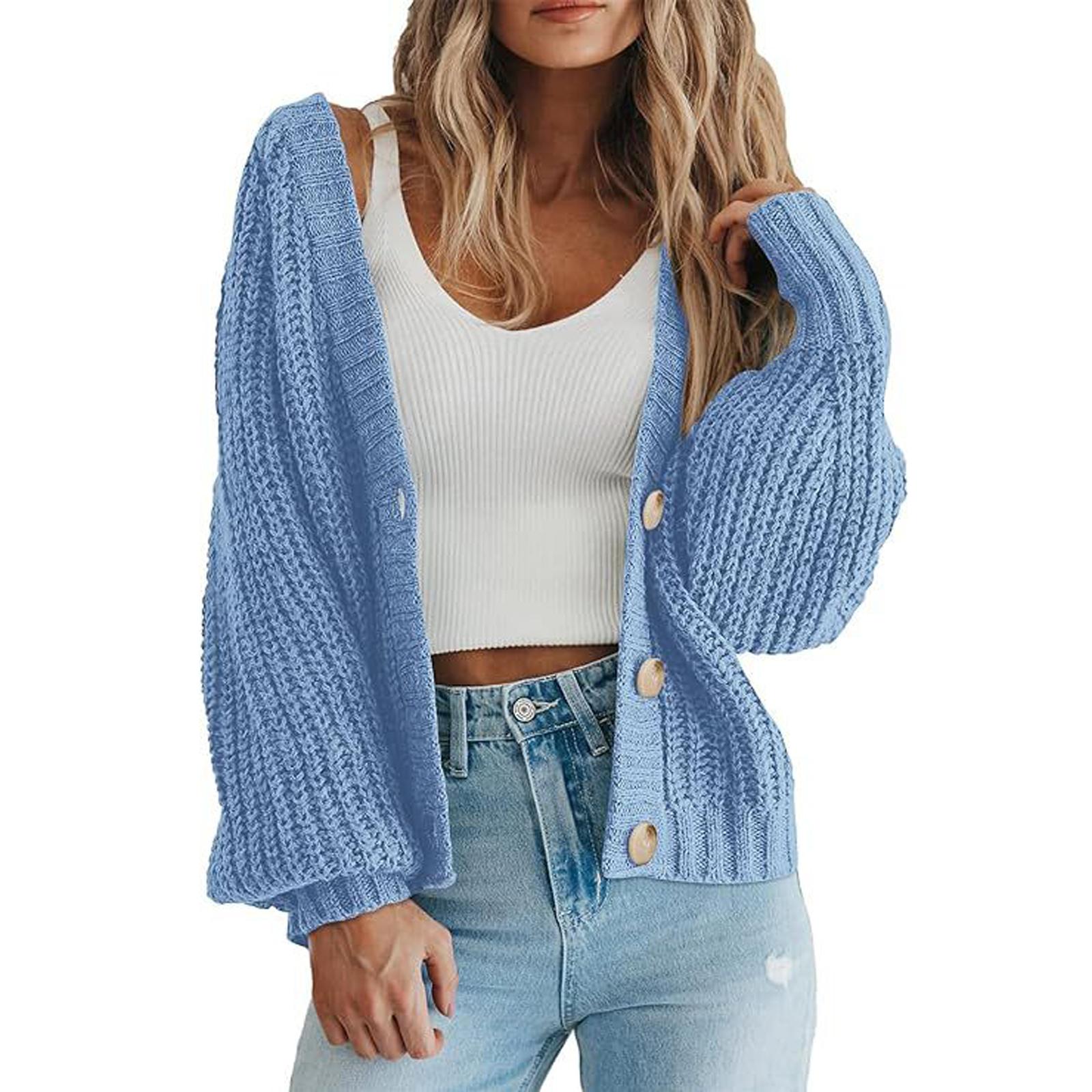 

Women s Chunky Knit Cardigan Sweaters Trendy Casual Long Sleeve Open Front Button Down Knitted Outerwear Coats L синий