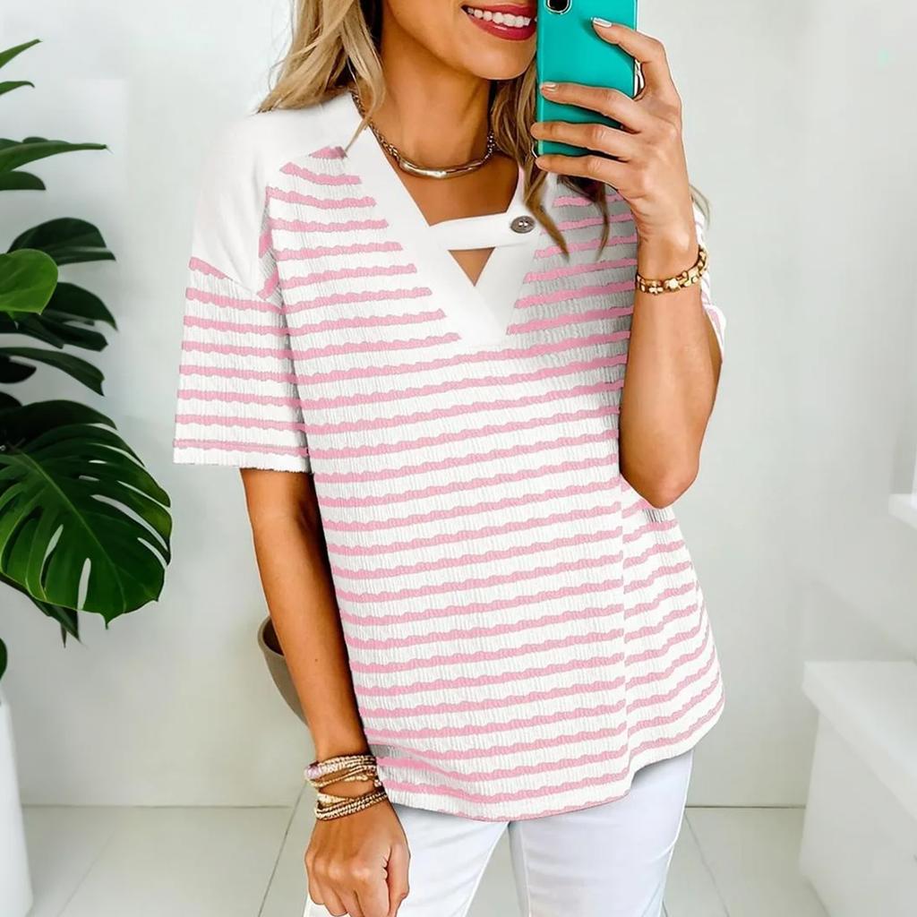 Women's Casual Short-sleeved V-neck Striped Color-blocked T-shirt/shirt