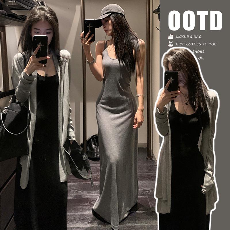 Available 2026 Early Spring/Summer Hot Mom Knit Camisole Dress & Shawl Cardigan Set M