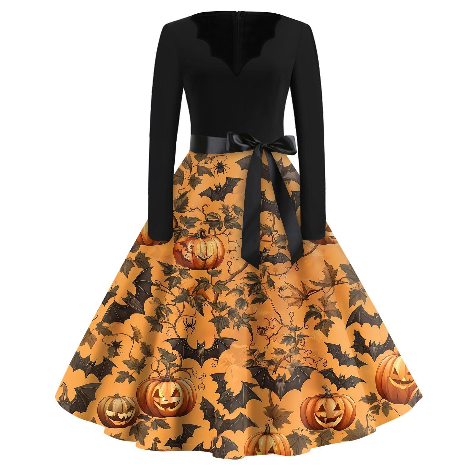 

Платье с расклешенным принтом на Хэллоуин для женщин, платье с длинным рукавом, полые вечерние повседневные платья M