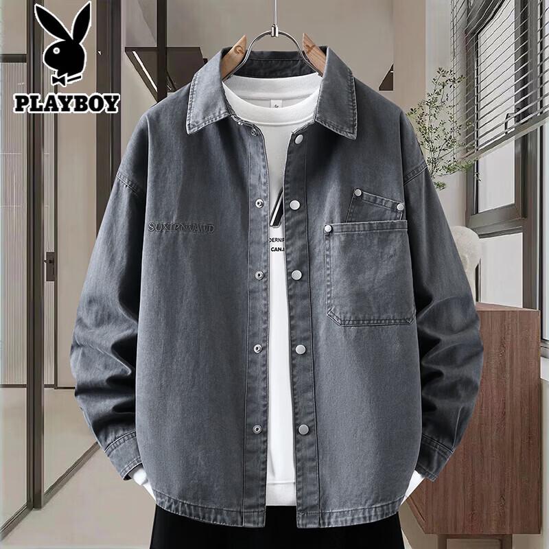 PLAYBOY Men s Loose American Retro Denim Shirt Jacket 4XL