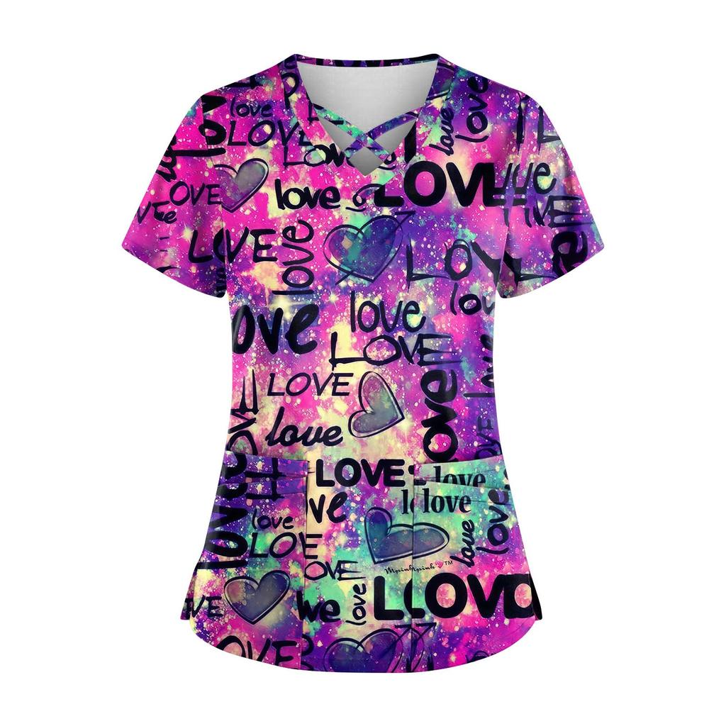 Plus SizePrinted Scrub Working Uniform Tops para mulheres Cross V-neck Halloween Print manga curta camisetas divertidas Workwear Tee com bolsos