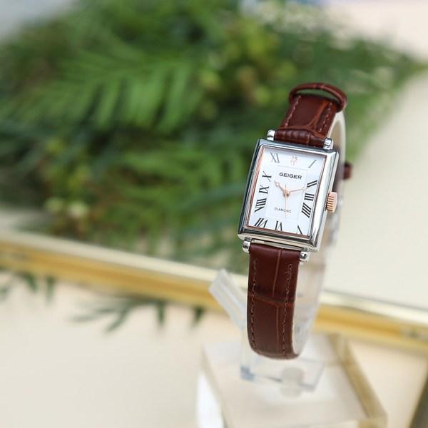 Montre Geiger pour femme, modèle GE1261CB, boîtier oblong en métal et diamants, bracelet en cuir, montres coréennes populaires