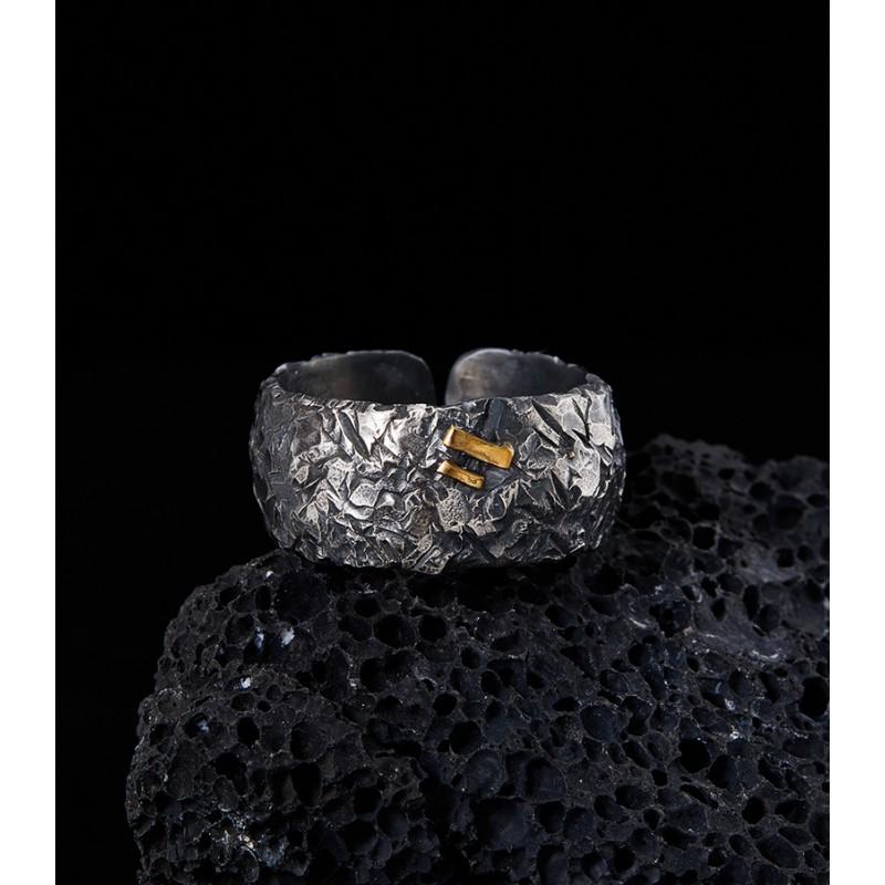 Adjustable Vintage Mens Finger Ring With Distressed Texture Geometric Design Handmade Brass Statement Index Or Middle