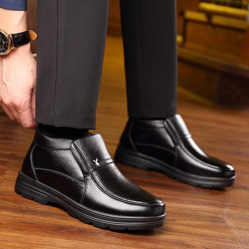 Leather Cowhide Men's Cotton Shoes Winter Thickened Warm High-top Shoes Leather Non-slip Wool Cotton Shoes