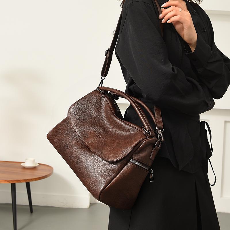 Vintage Soft Leather Handbag For Women Small Capacity Multi-Pocket Tote Bag 3-Way Convertible Shoulder Crossbody Bag, Casual Daily Commuter Hobo Bag