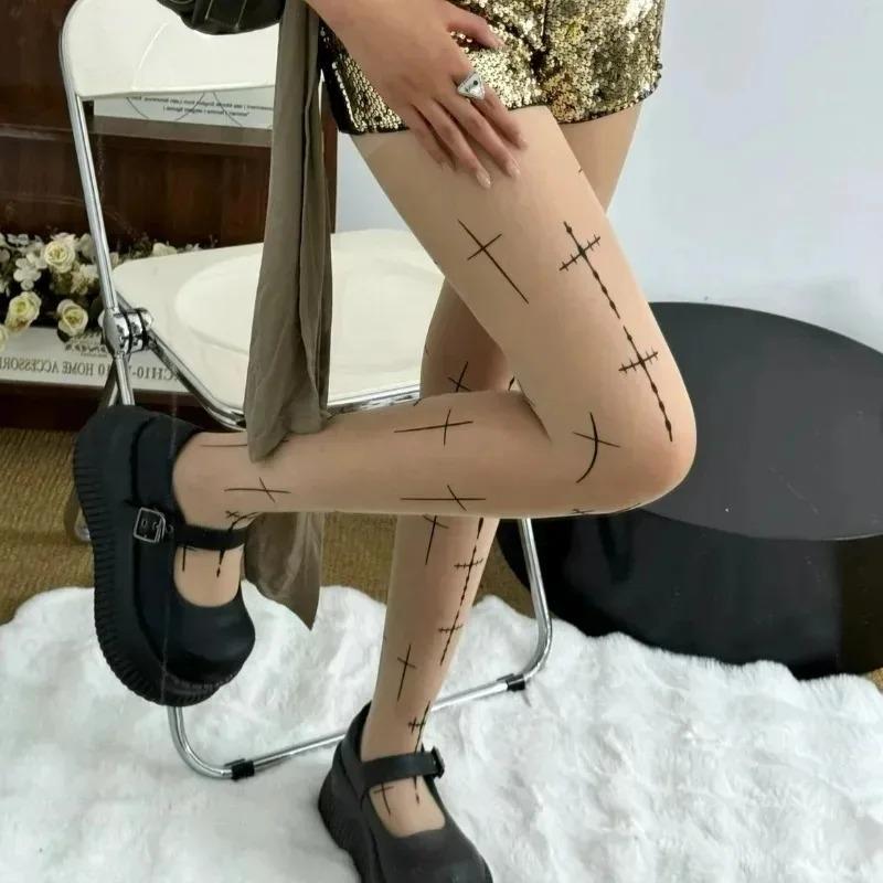 1-2pairs Punk Style Cross Dark Hollow Bottom Lolita Japanese Black Spicy Girl Slimming Pantyhose Black Stockings