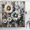 Vintage Shower Curtain, Blooming Chamomile Flowers And Swirls On Grunge Rustic Wooden Background, Cloth Fabric Bathroo