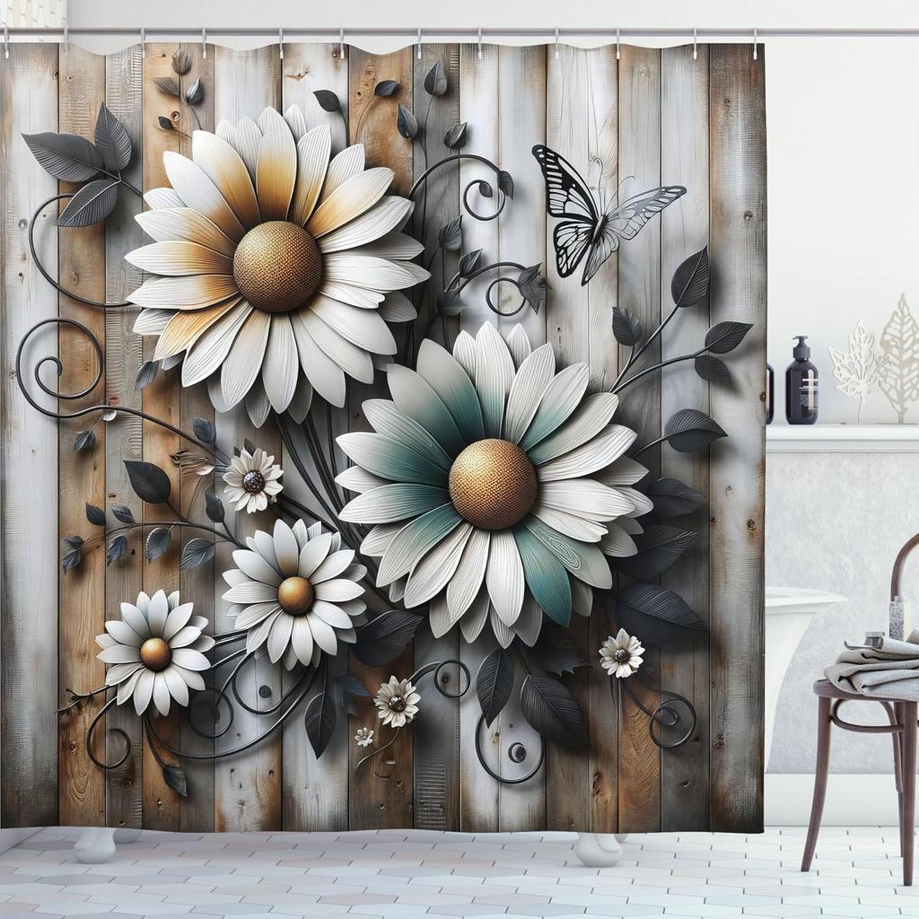 Vintage Shower Curtain, Blooming Chamomile Flowers And Swirls On Grunge Rustic Wooden Background, Cloth Fabric Bathroo